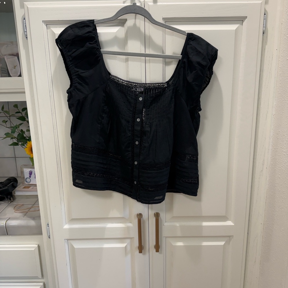 J. Crew Black Lace-Trim Button Front Cap Sleeve Blouse